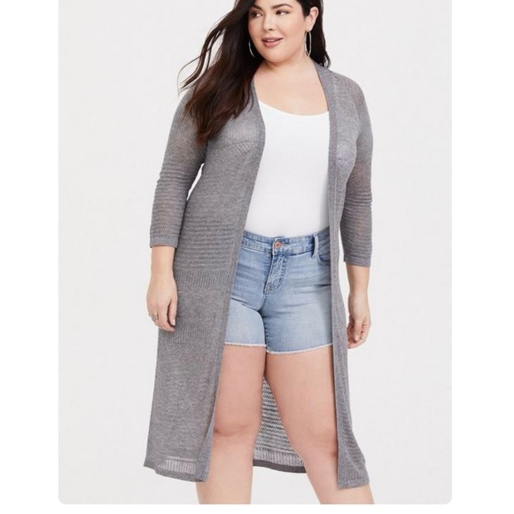 Torrid Gray Pointelle Open Front 3/4 Sleeves Duster Cardigan Sweater Size 3X - Picture 2 of 10